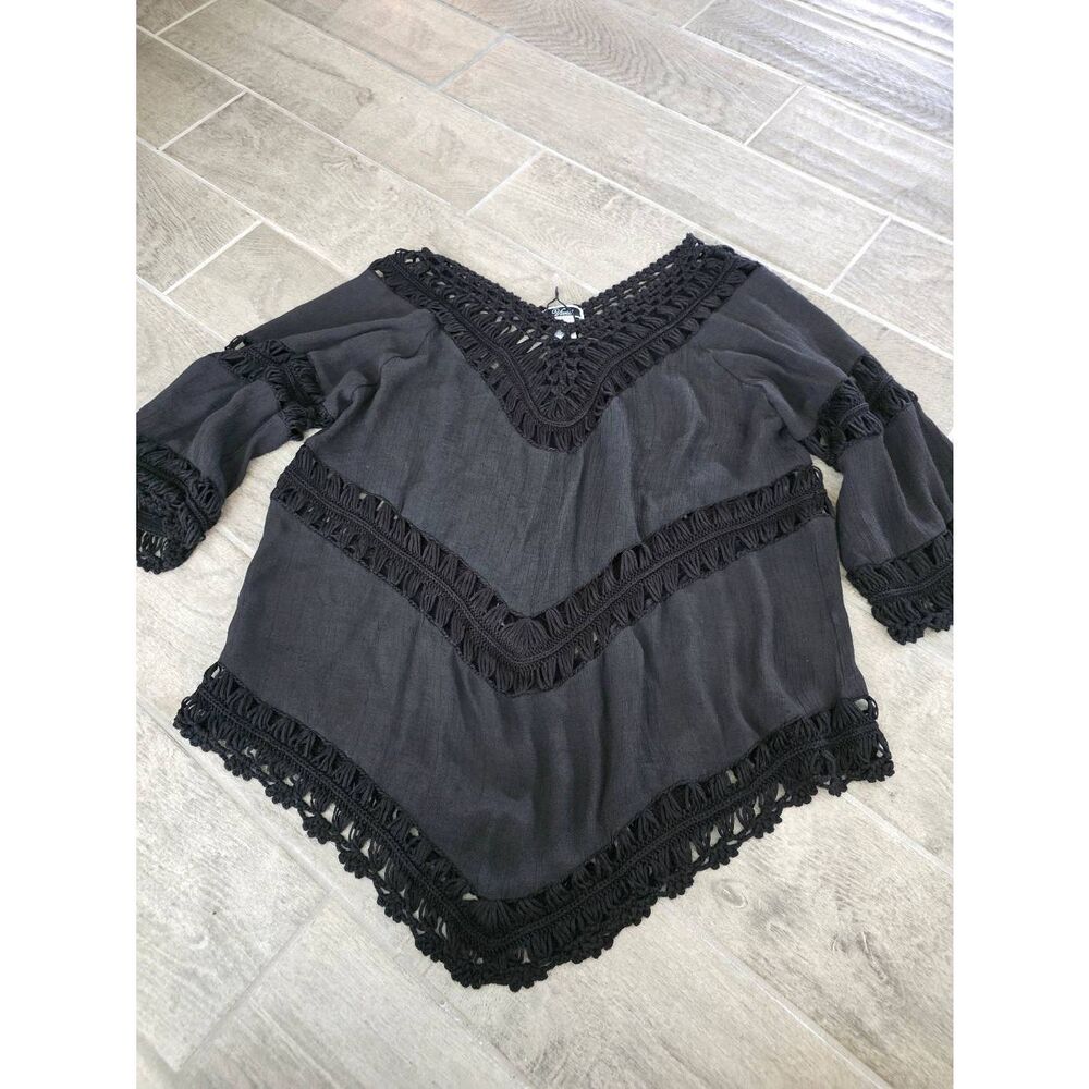 Vivid Crochet Top Swim Cover-up Black Crepe Size Medium, Large, XL, 2X Boho